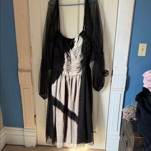 Eloquii Black Ruched Dress with Sheer Sleeves